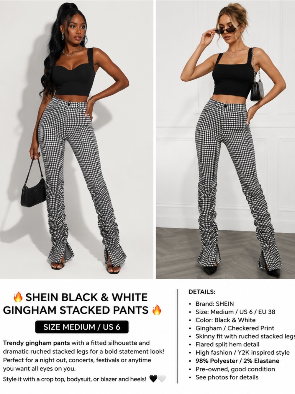 🔥 SHEIN Black White Gingham Stacked Ruched Pants Size M US 6